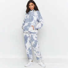 Wholesale Customized 2021 Women Fashion Hoodie Sweat Suits Casual Tie Dye Hooded 2 piece set